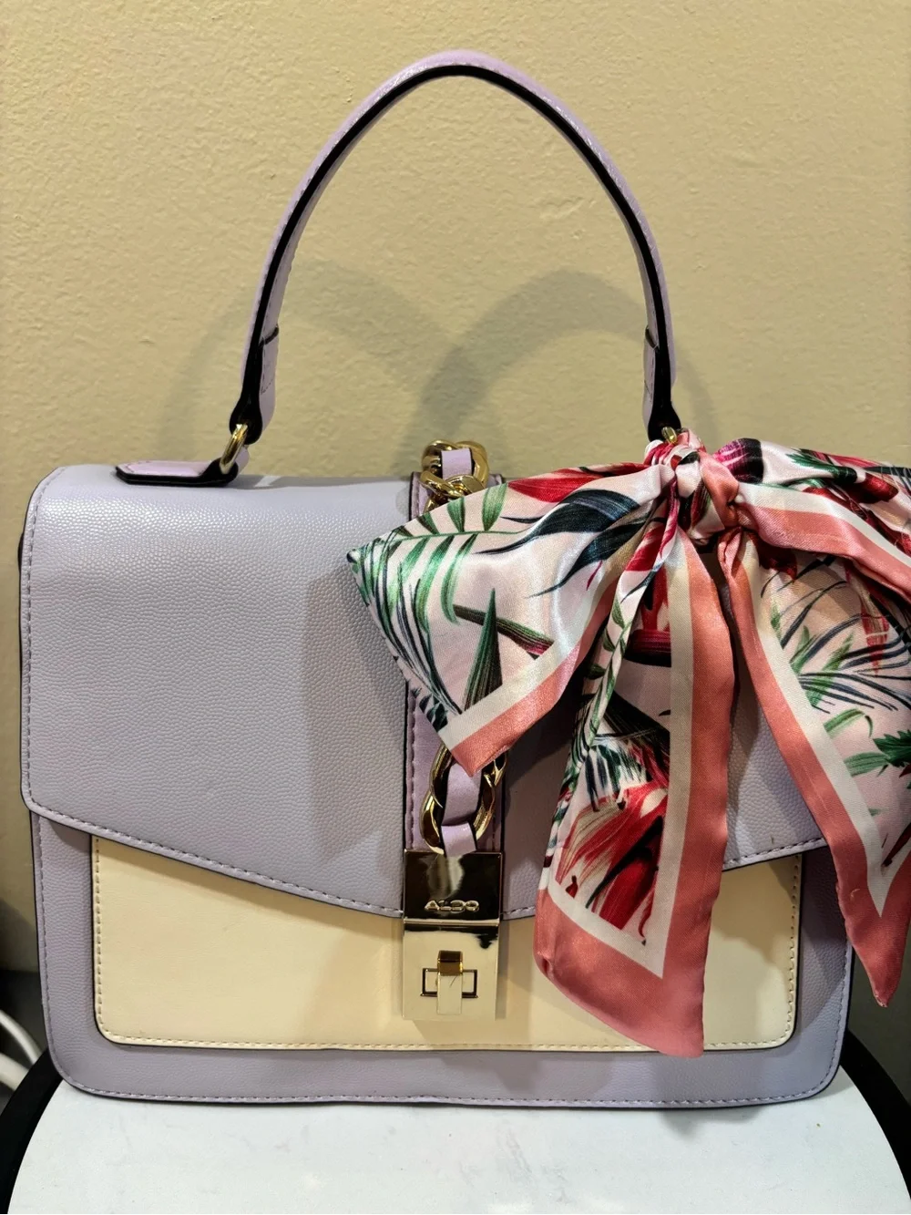 Aldo Lavender and Cream Top Handle Satchel with Floral Scarf